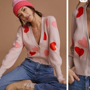 Anthropologie Pink and Red Heart Cardigan